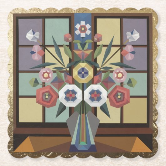 Gold Folie Kubist Art Flowers Onderzetter Set (Voorkant)