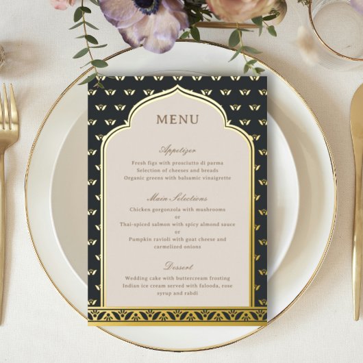Gold Folie Lotus Flower Indian Wedding Menu Kaart