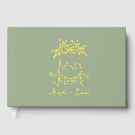 Gold Folie Monogram Sage Green Wedding Gastboek Gastenboek (Voorkant)