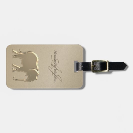Gold Folie Olifant Elegant Zandsteen Monogrammed Bagagelabel (Voorkant horizontaal)