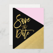 Gold Folie Roze Zwart Modern Script Save the Date Aankondigingskaart (Voorkant / Achterkant)