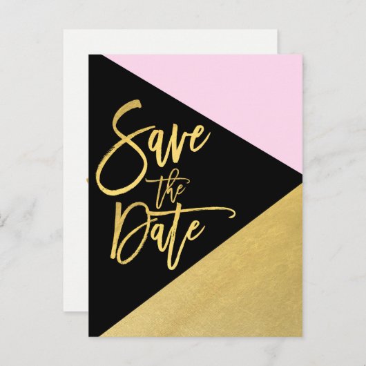 Gold Folie Roze Zwart Modern Script Save the Date Aankondigingskaart (Voorkant / Achterkant)