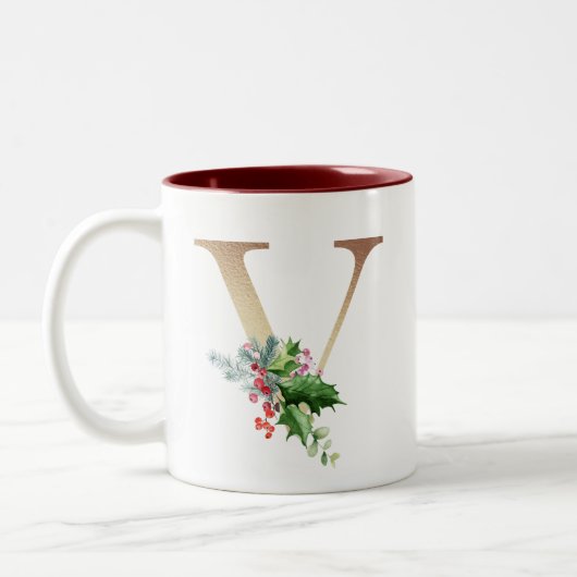 Gold Folie V Monogram Pine & Berry Kerstmis Tweekleurige Koffiemok (Links)