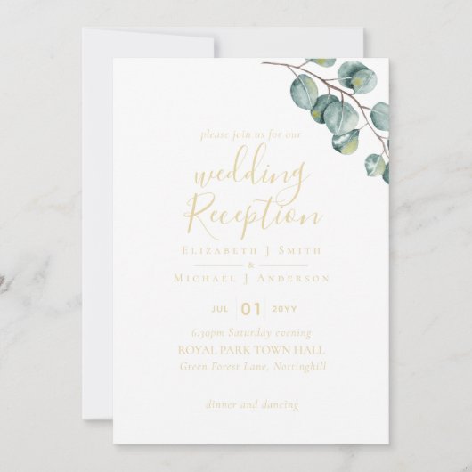 Gold Font Greenery Wedding RecEPING Evening Kaart (Voorkant)