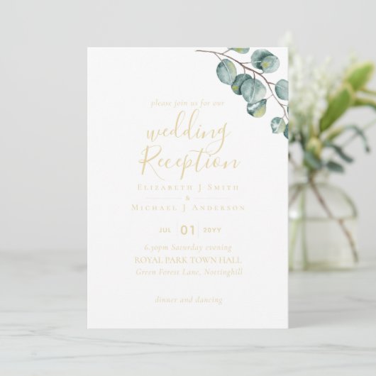 Gold Font Greenery Wedding RecEPING Evening Kaart (Staand voorkant)