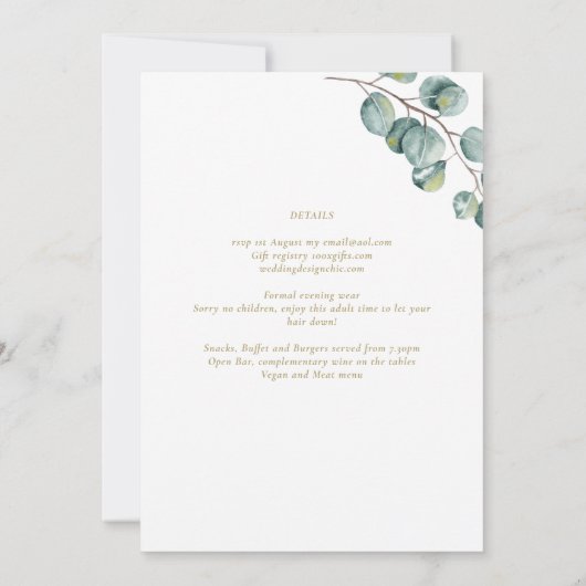 Gold Font Greenery Wedding RecEPING Evening Kaart (Achterkant)