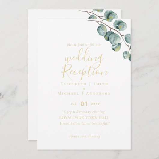 Gold Font Greenery Wedding RecEPING Evening Kaart (Voorkant / Achterkant)