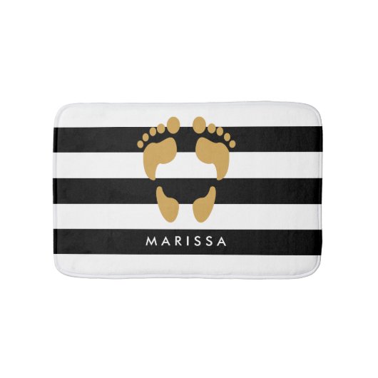 Gold Footprint met naam zwarte en witte strepen Badmat (Voorkant)