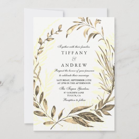 Gold Forest Leaf Wreath Elegant Wedding Invitation Kaart (Voorkant)