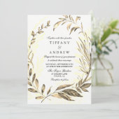 Gold Forest Leaf Wreath Elegant Wedding Invitation Kaart (Staand voorkant)