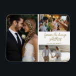 Gold Forever Altijd Foto Collage Wedding Magneet<br><div class="desc">Goud voor altijd en ontwerp altijd bruiloft... dank je magneten met drie van je favoriete trouwfoto's. Show je familie en vrienden je waardering dat je deel uitmaakt van je trouwfeest met een van deze mooie keepsakes. Aanpassen met namen. Neem contact met me op via de onderstaande knop als je hulp...</div>