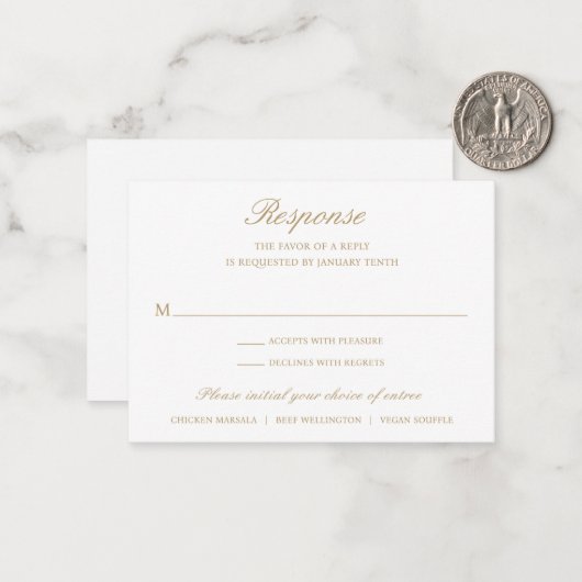 Gold Formal Traditional Wedding Mini RSVP-kaart Notitiekaartje (Voorkant / Achterkant in situ)
