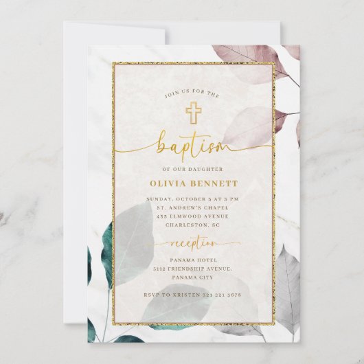Gold Frame Botanical Flowery Baptism Kaart (Voorkant)