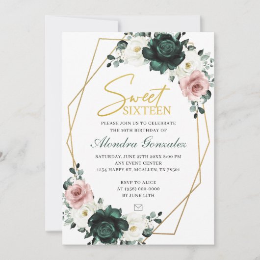 Gold frame emerald green floral Sweet 16 invite Kaart (Voorkant)