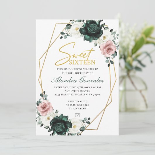 Gold frame emerald green floral Sweet 16 invite Kaart (Staand voorkant)