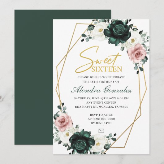 Gold frame emerald green floral Sweet 16 invite Kaart (Voorkant / Achterkant)
