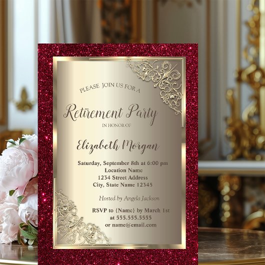  Gold Frame,Gold,Red Glitter Retirement  Kaart