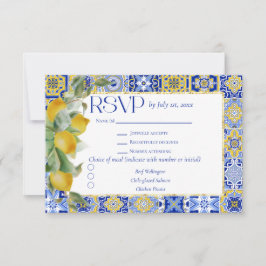 Gold Frame Italian Blue Tile Lemon Meal Wedding RSVP Kaartje