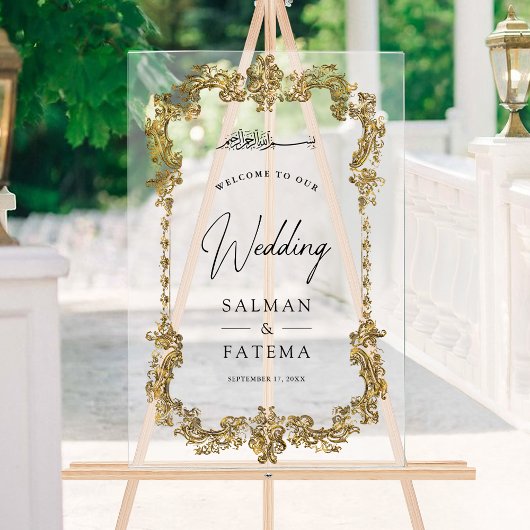 Gold Frame Muslim Wedding Welcome Frosted Acryl Bord