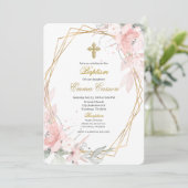 Gold frame pink blush floral baptism kaart (Staand voorkant)