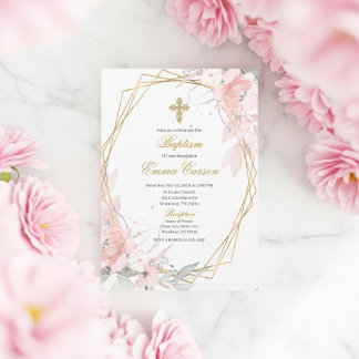 Gold frame pink blush floral baptism kaart
