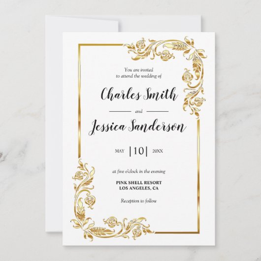 Gold Frame Wedding Invitation Kaart (Voorkant)
