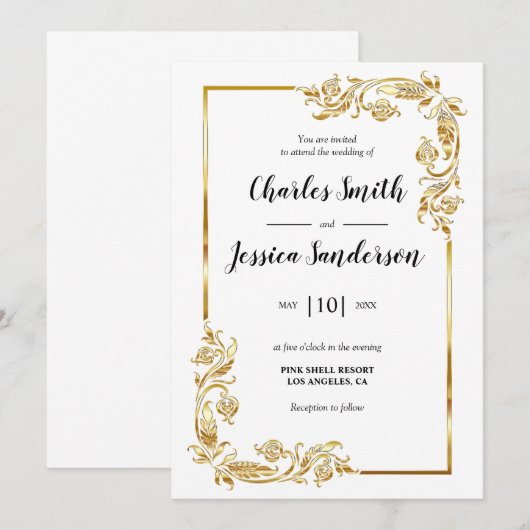 Gold Frame Wedding Invitation Kaart (Voorkant / Achterkant)