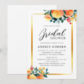 Gold Frame with Orange Floral Modern Bridal Shower Kaart (Voorkant / Achterkant)