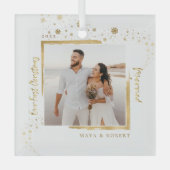 Gold Framed Foto Ons eerste kersthuwelijk Gla Glas Ornament (Voorkant)