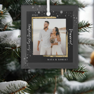 Gold Framed Foto Ons eerste kersthuwelijk Glas Ornament