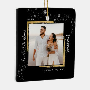Gold Framed Foto Ons eerste kersthuwelijk Keramisch Ornament