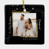 Gold Framed Foto Ons eerste kersthuwelijk Keramisch Ornament (Voorkant)