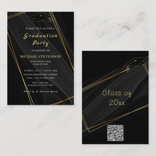 Gold Framed Gradumed Party Invitation QR Code Notitiekaartje (Voorkant / Achterkant)