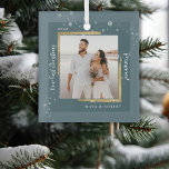 Gold Framed Photo Our First Christmas Married  Glas Ornament<br><div class="desc">Modern brushed-gold framed wedding photo amid snowflakes,  with Our First Christmas Married in a festive white calligraphy script,  makes the perfect memento keepsake gift for the just married newlyweds this Christmas holiday season.  Easily customize your name and year of choice.</div>