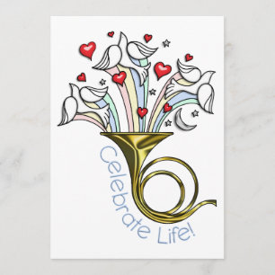Gold French Horn, Doves, Hearts, Celebrate Life Kaart