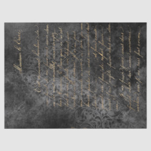 Gold French Script op Distsed Grey Decoupage Tissuepapier