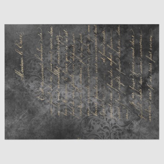Gold French Script op Distsed Grey Decoupage Tissuepapier (Voorkant)