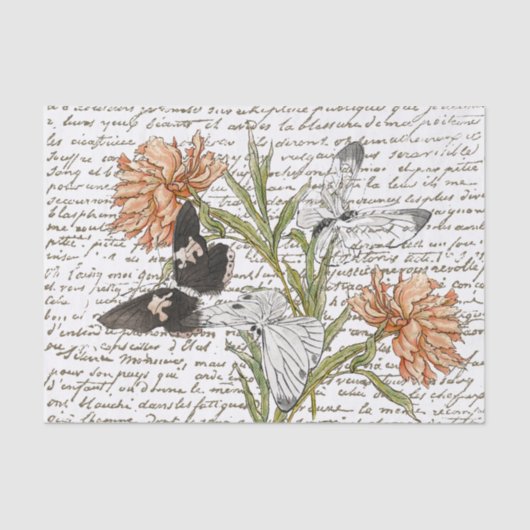 Gold French Script Peony Butterfly Floral Tissuepapier (Voorkant)