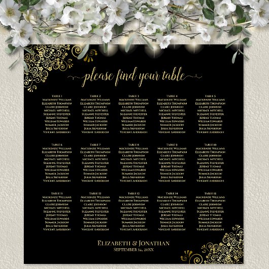 Gold Frills 15 Table Wedding Seating Chart Black Poster