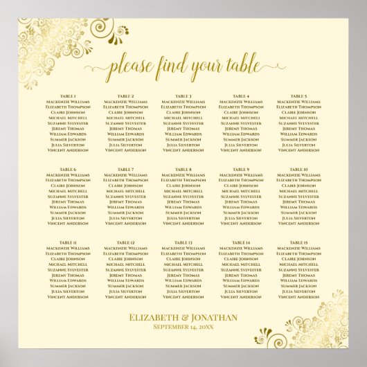 Gold Frills 15 table Wedding Seating Chart Cream Poster (Voorkant)