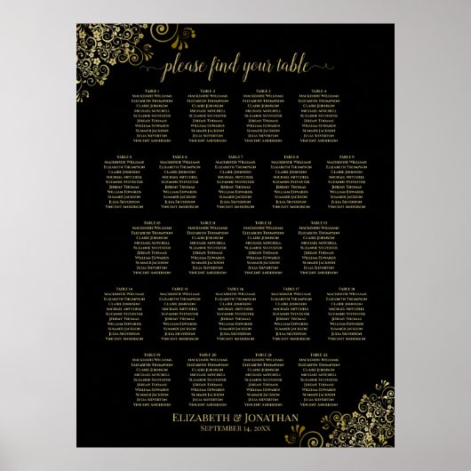 Gold Frills 22 Table Wedding Seating Chart Black Poster (Voorkant)