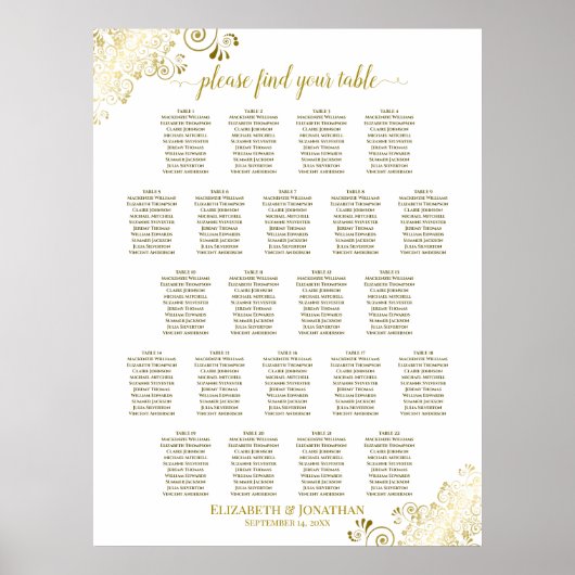 Gold Frills 22 table Wedding Seating Chart White Poster (Voorkant)