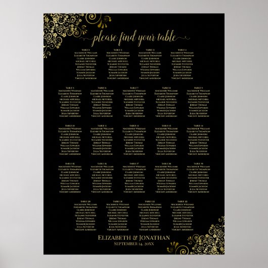 Gold Frills 23 Table Wedding Seating Chart Black Poster (Voorkant)