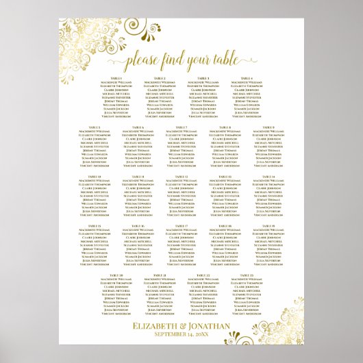 Gold Frills 23 table White Wedding Seating Chart Poster (Voorkant)