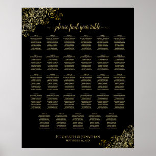 Gold Frills 29 Table Wedding Seating Chart Black Poster