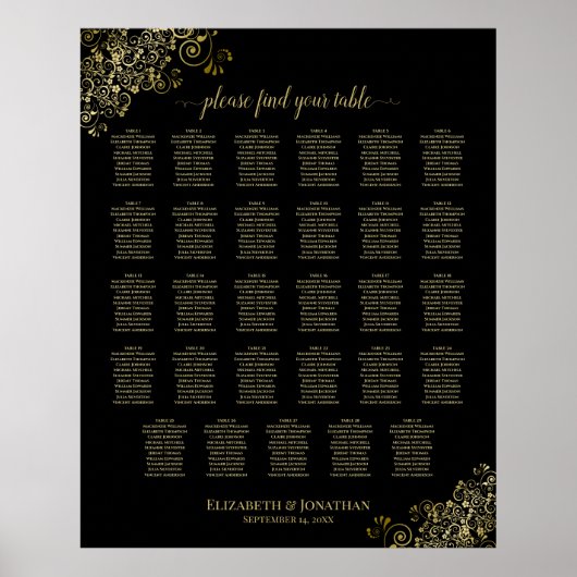 Gold Frills 29 Table Wedding Seating Chart Black Poster (Voorkant)