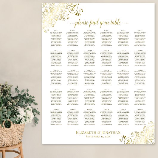 Gold Frills 30 table Wedding Seating Chart White Poster