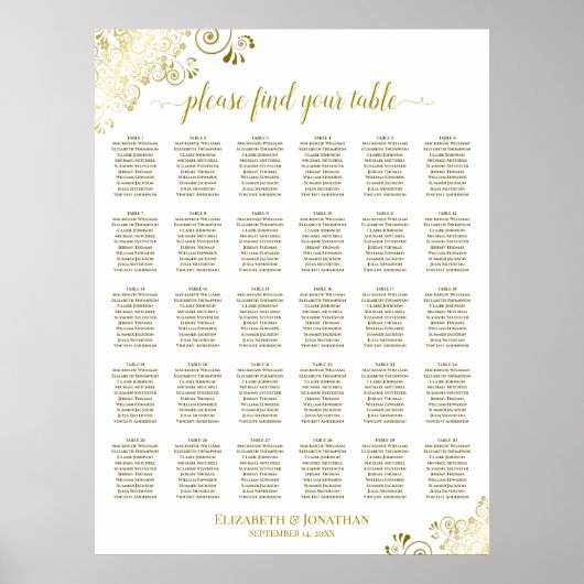 Gold Frills 30 table Wedding Seating Chart White Poster (Voorkant)
