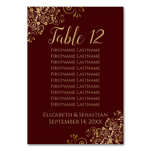 Gold Frills Auburn Brown Wedding Seding Chart Kaart (Voorkant)
