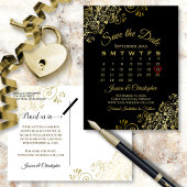 Gold Frills Black Wedding Save the Date Calendar Aankondigingskaart